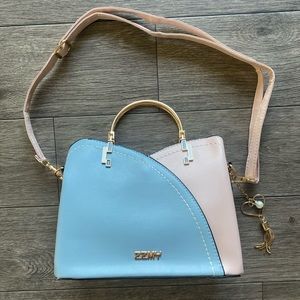 Crossbody Bag Pink and Light Blue Leather With Heart Keychain